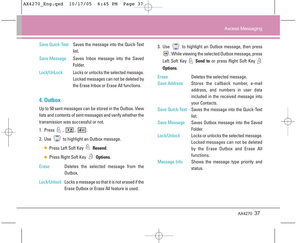 Outbox | LG LGAX4270 User Manual | Page 38 / 175