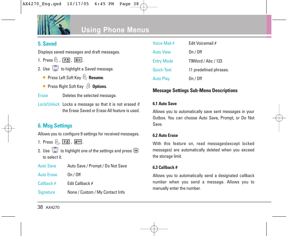 Using phone menus, Saved, Msg settings | LG LGAX4270 User Manual | Page 39 / 175