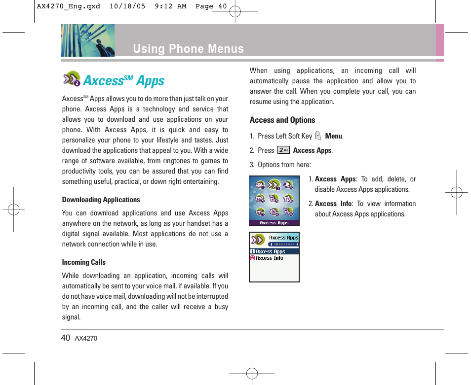 Axcess, Apps, Using phone menus | LG LGAX4270 User Manual | Page 41 / 175