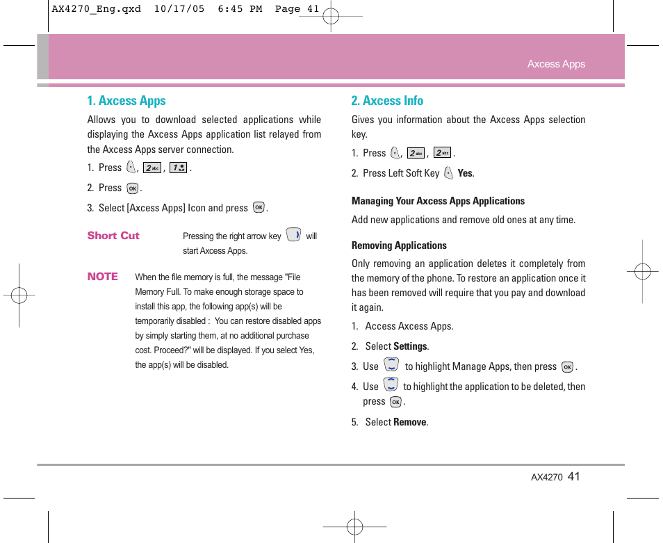 Axcess apps, Axcess info | LG LGAX4270 User Manual | Page 42 / 175