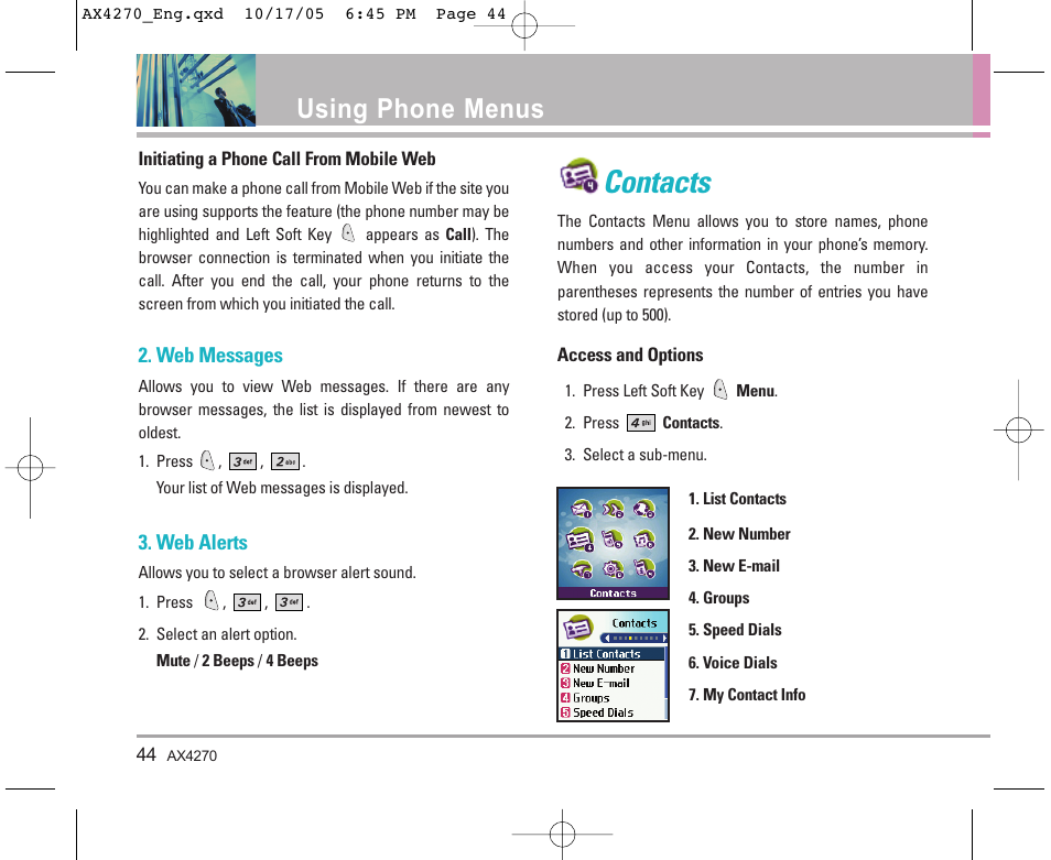 Contacts, Using phone menus | LG LGAX4270 User Manual | Page 45 / 175