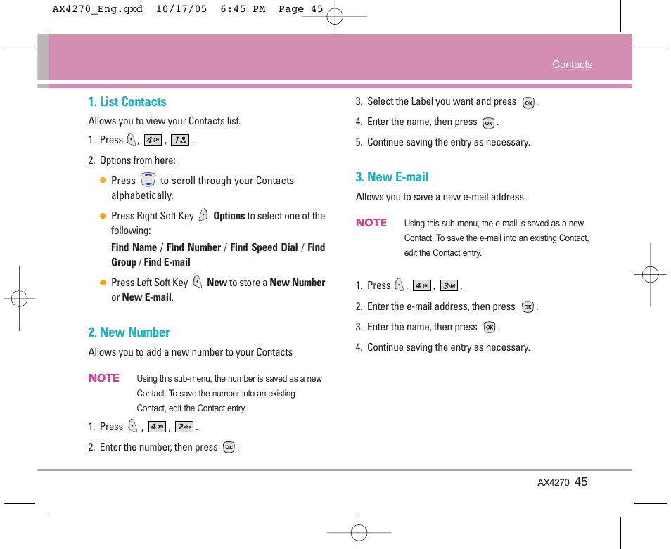 List contacts, New number, New e-mail | LG LGAX4270 User Manual | Page 46 / 175