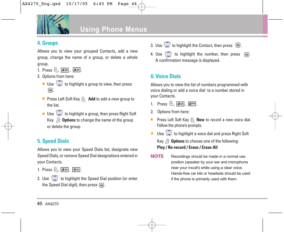 Using phone menus, Groups, Speed dials | Voice dials | LG LGAX4270 User Manual | Page 47 / 175