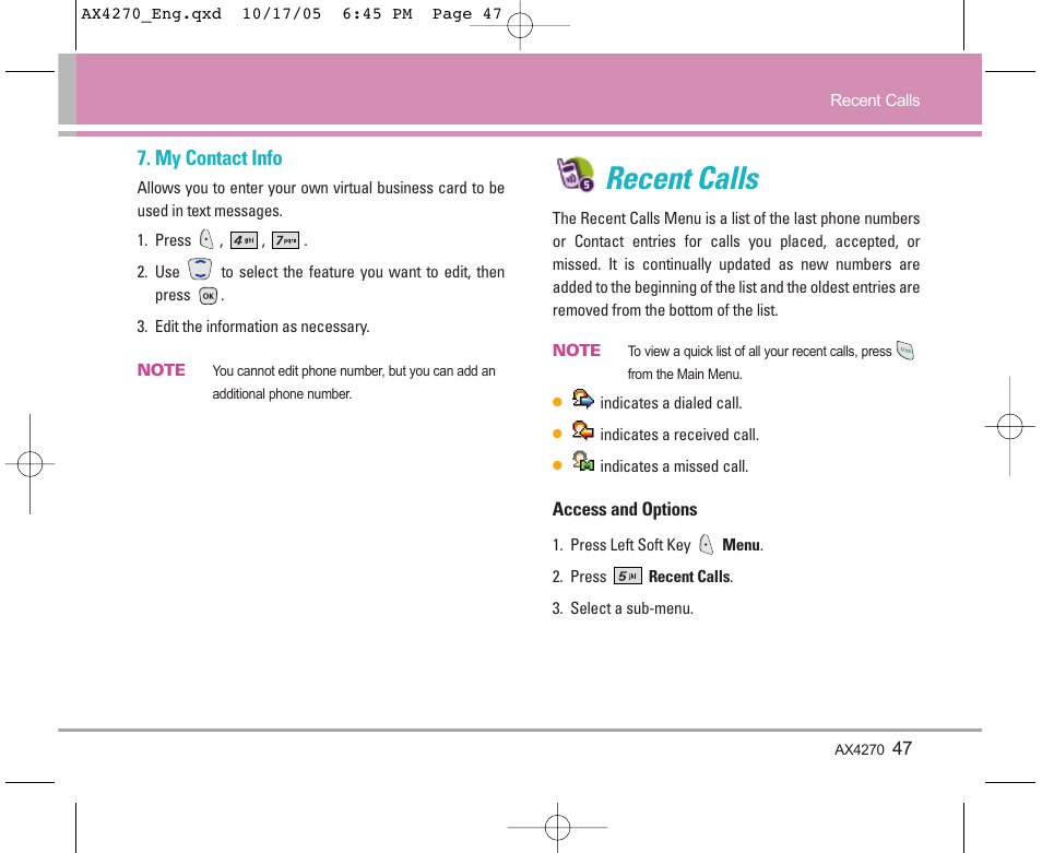 Recent calls, My contact info | LG LGAX4270 User Manual | Page 48 / 175