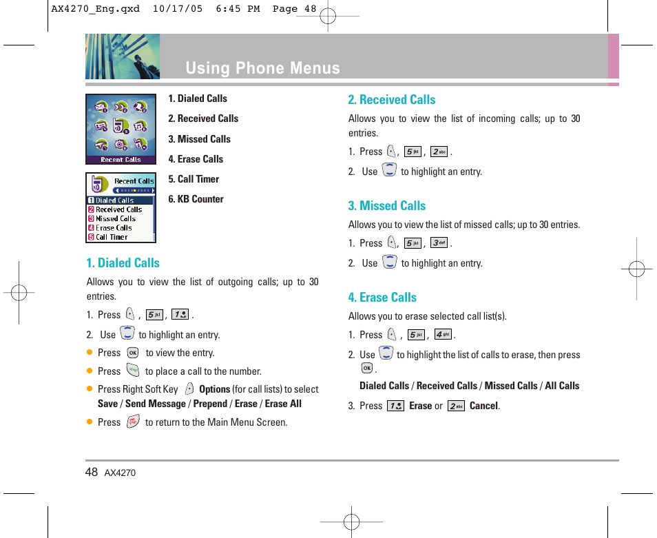 Using phone menus, Dialed calls, Received calls | Missed calls, Erase calls | LG LGAX4270 User Manual | Page 49 / 175