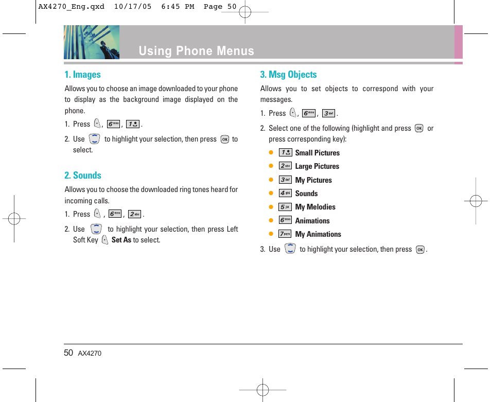 Using phone menus, Images, Sounds | Msg objects | LG LGAX4270 User Manual | Page 51 / 175