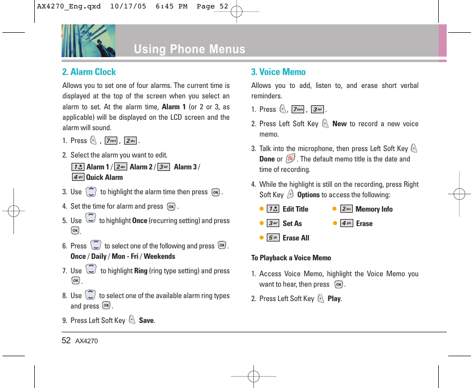 Using phone menus, Alarm clock | LG LGAX4270 User Manual | Page 53 / 175