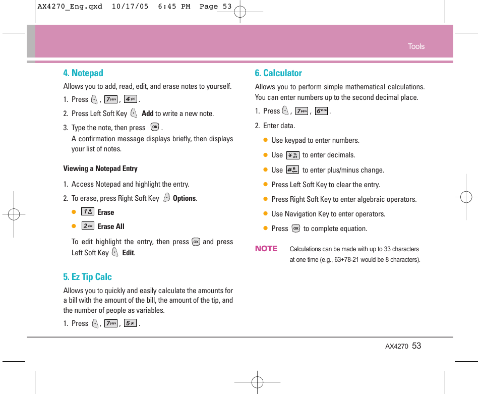 Ez tip calc, Calculator | LG LGAX4270 User Manual | Page 54 / 175