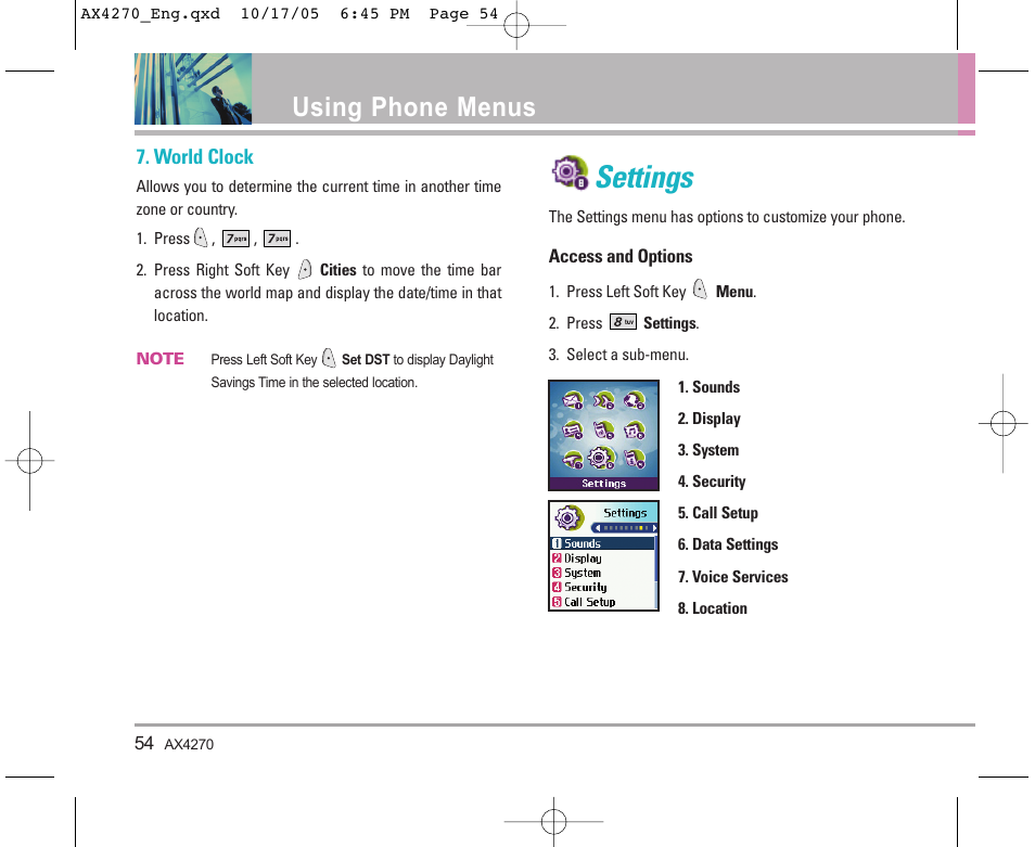 Settings, Using phone menus | LG LGAX4270 User Manual | Page 55 / 175