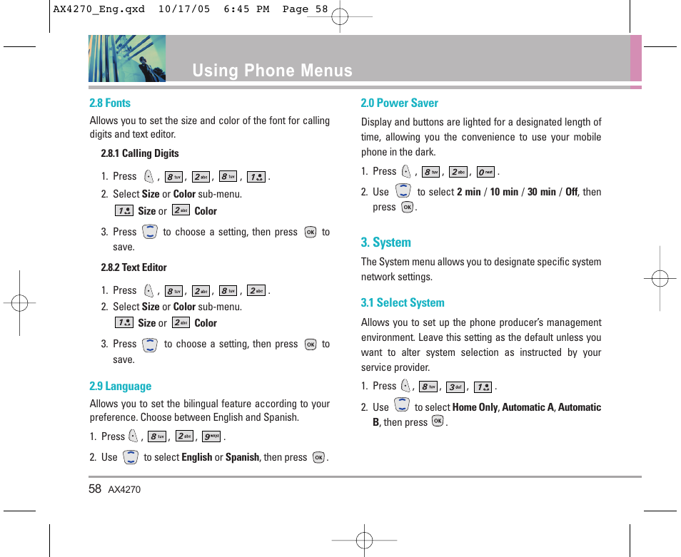 Using phone menus, System | LG LGAX4270 User Manual | Page 59 / 175