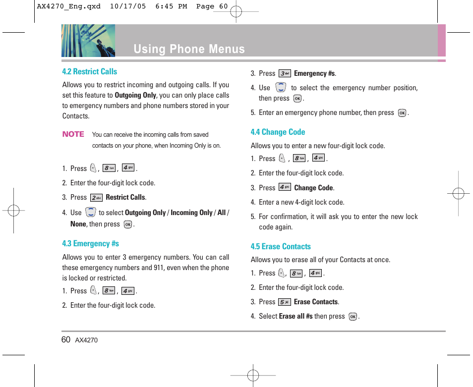 Using phone menus | LG LGAX4270 User Manual | Page 61 / 175