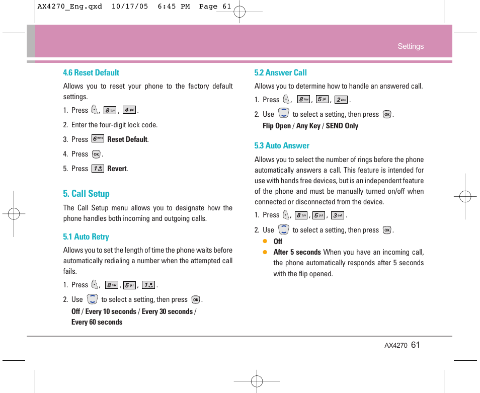 Call setup | LG LGAX4270 User Manual | Page 62 / 175