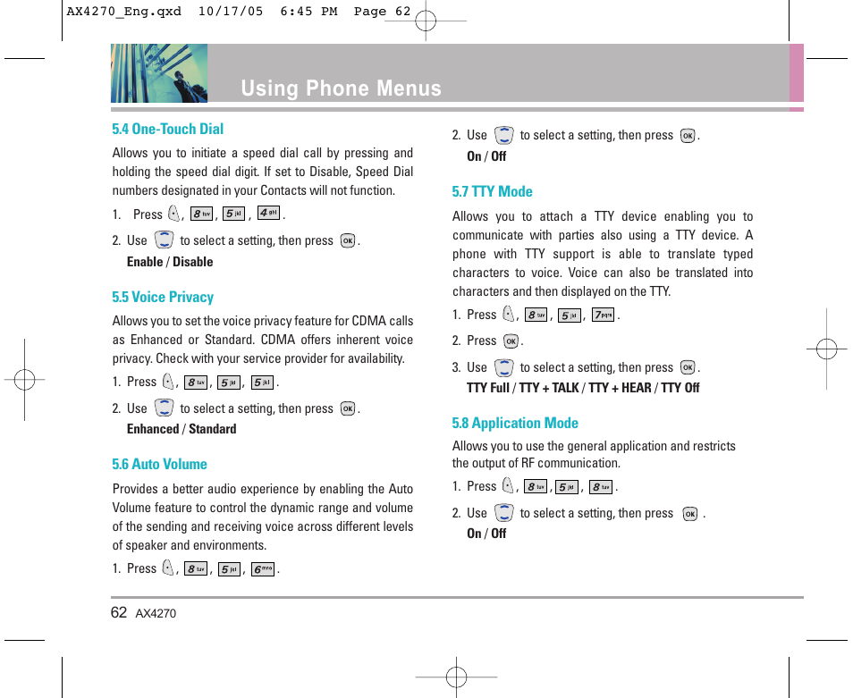 Using phone menus | LG LGAX4270 User Manual | Page 63 / 175