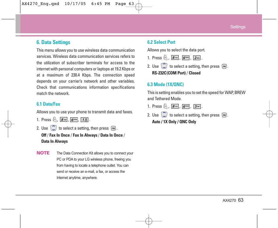 Data settings | LG LGAX4270 User Manual | Page 64 / 175