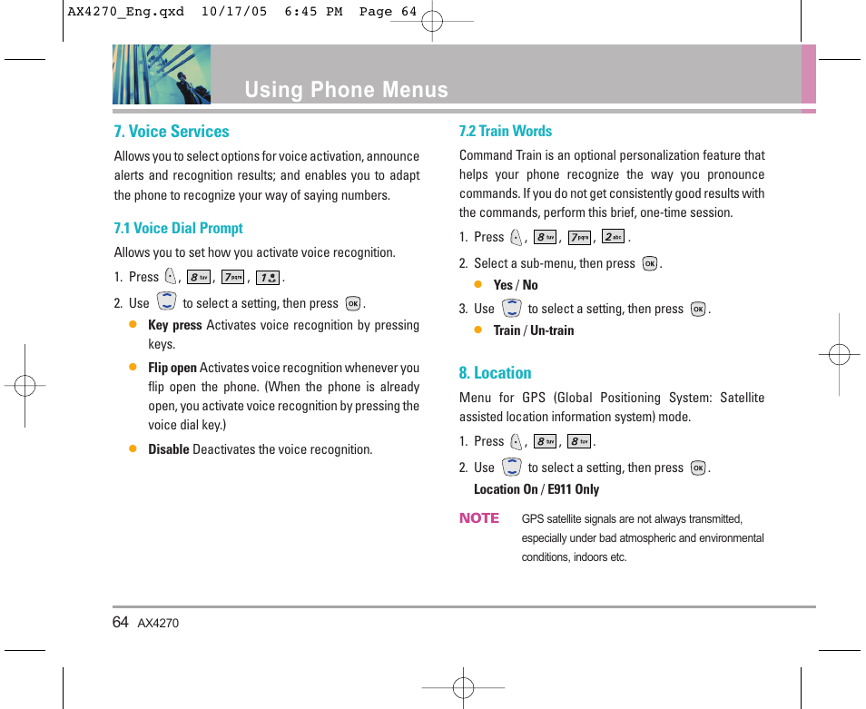 Using phone menus, Voice services, Location | LG LGAX4270 User Manual | Page 65 / 175