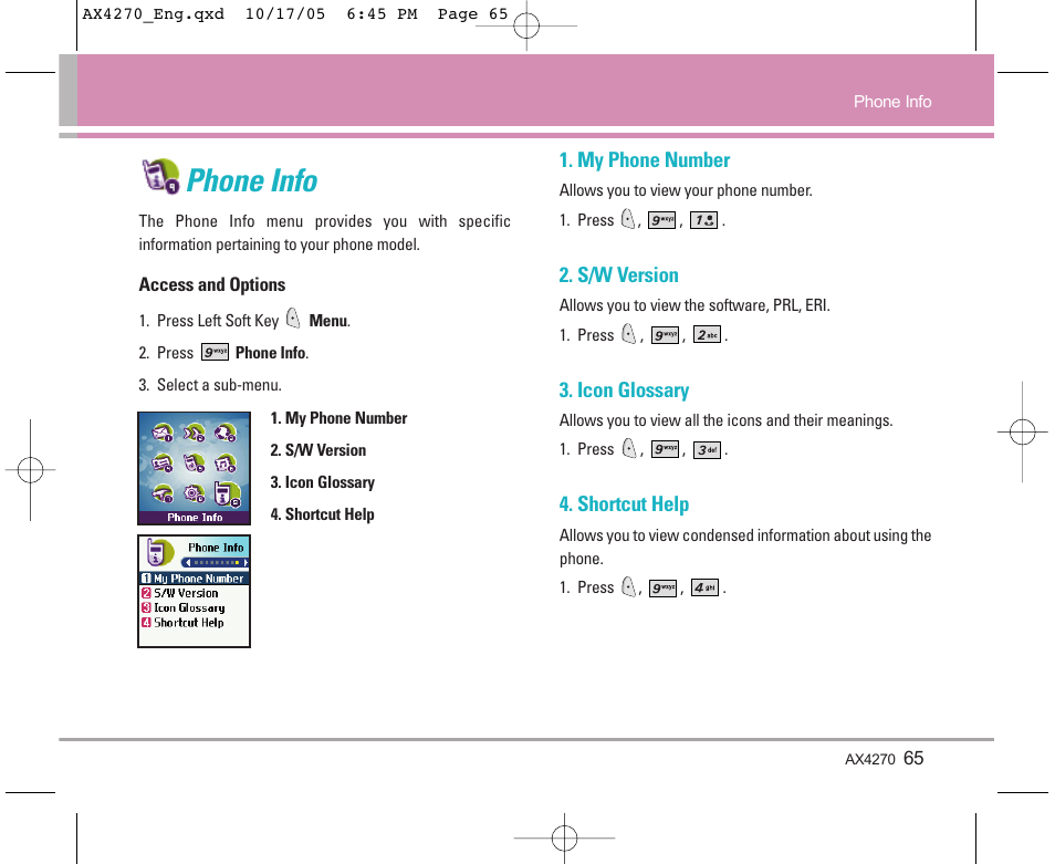 Phone info | LG LGAX4270 User Manual | Page 66 / 175