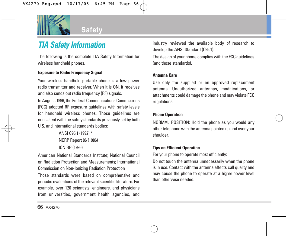 Tia safety information, Safety | LG LGAX4270 User Manual | Page 67 / 175