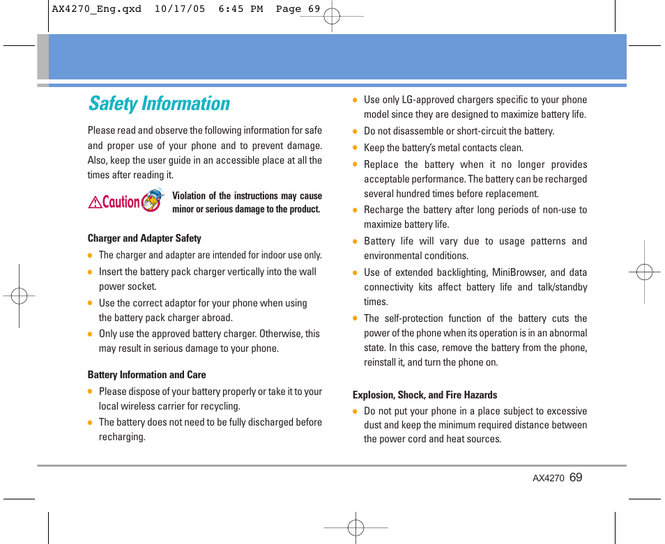 Safety information, Caution | LG LGAX4270 User Manual | Page 70 / 175