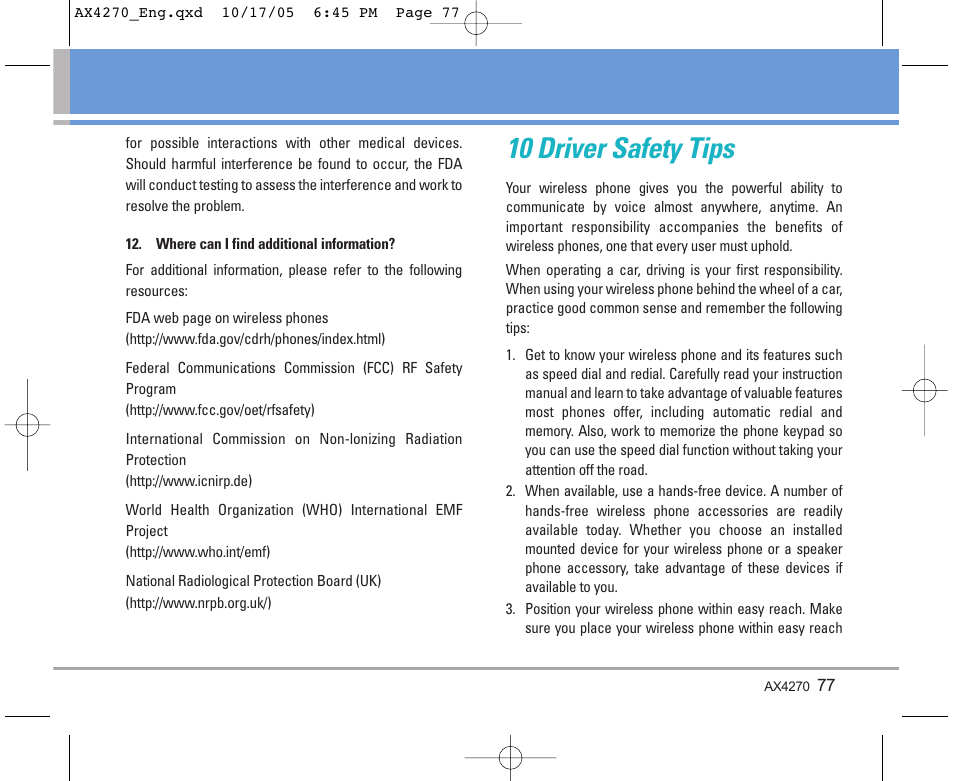 10 driver safety tips | LG LGAX4270 User Manual | Page 78 / 175