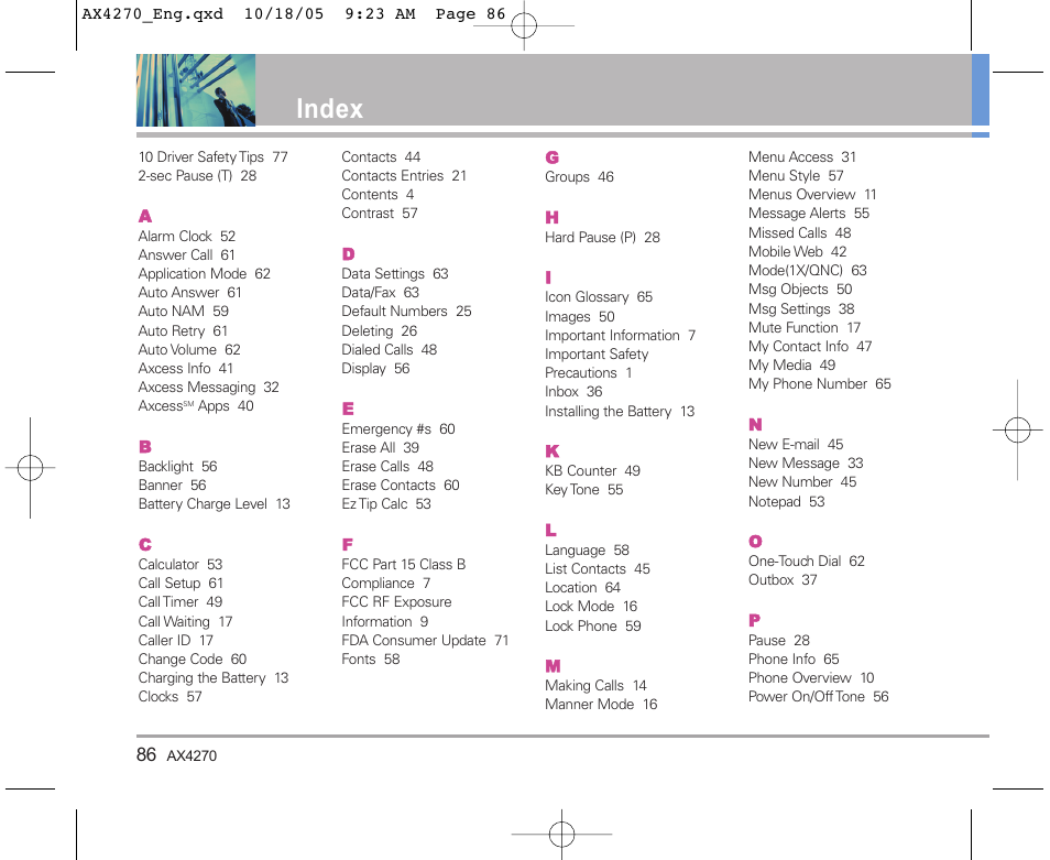 Index | LG LGAX4270 User Manual | Page 87 / 175