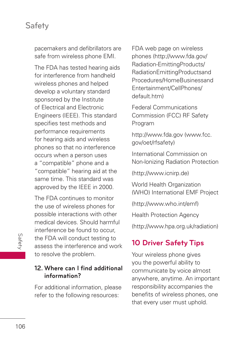 10 driver safety tips, Safety | LG UN280 User Manual | Page 108 / 128