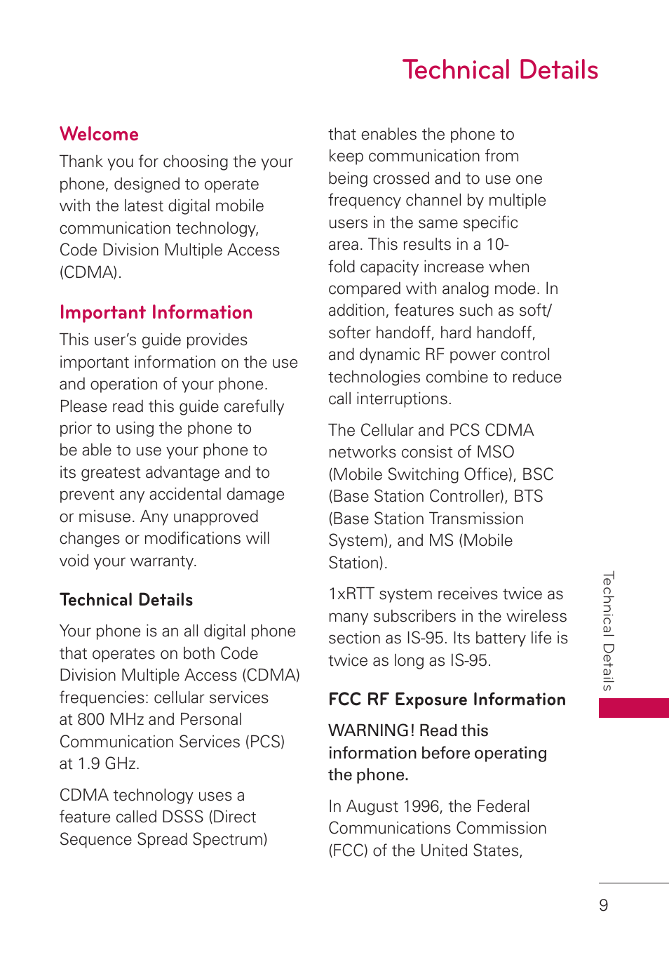 Technical details, Welcome, Important information | LG UN280 User Manual | Page 11 / 128