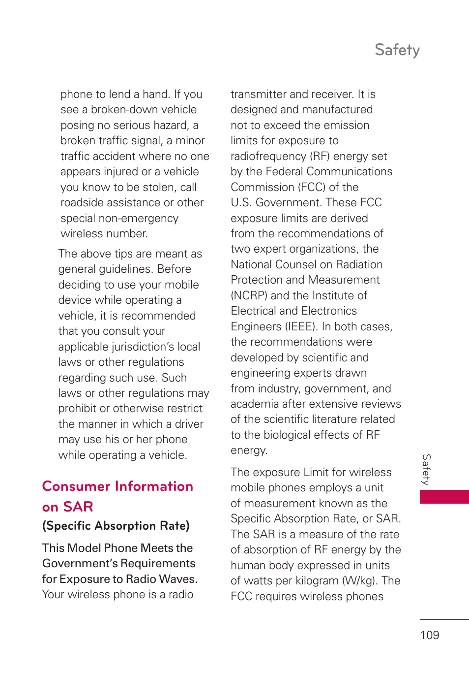 Consumer information on sar, Safety | LG UN280 User Manual | Page 111 / 128