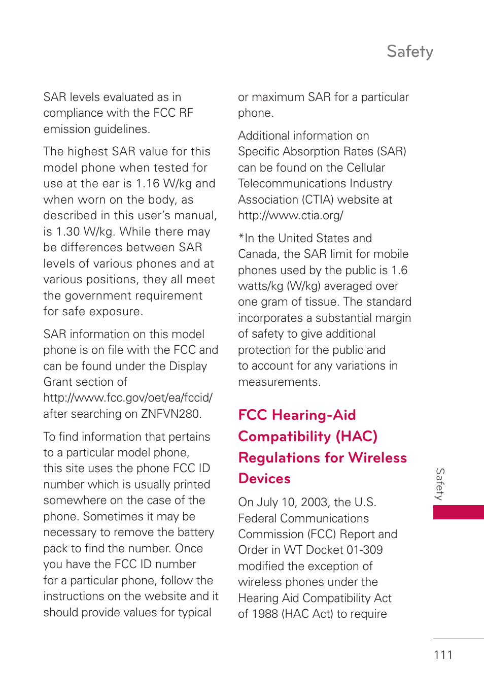 Fcc hearing-aid compatibility (hac), Regulations for wireless devices, Safety | LG UN280 User Manual | Page 113 / 128