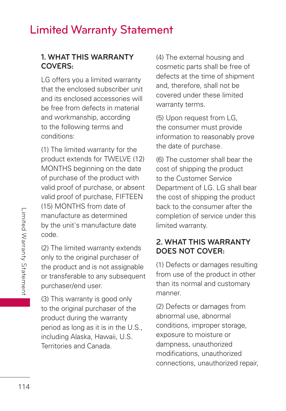 Limited warranty statement, Limited warranty statement 114 | LG UN280 User Manual | Page 116 / 128