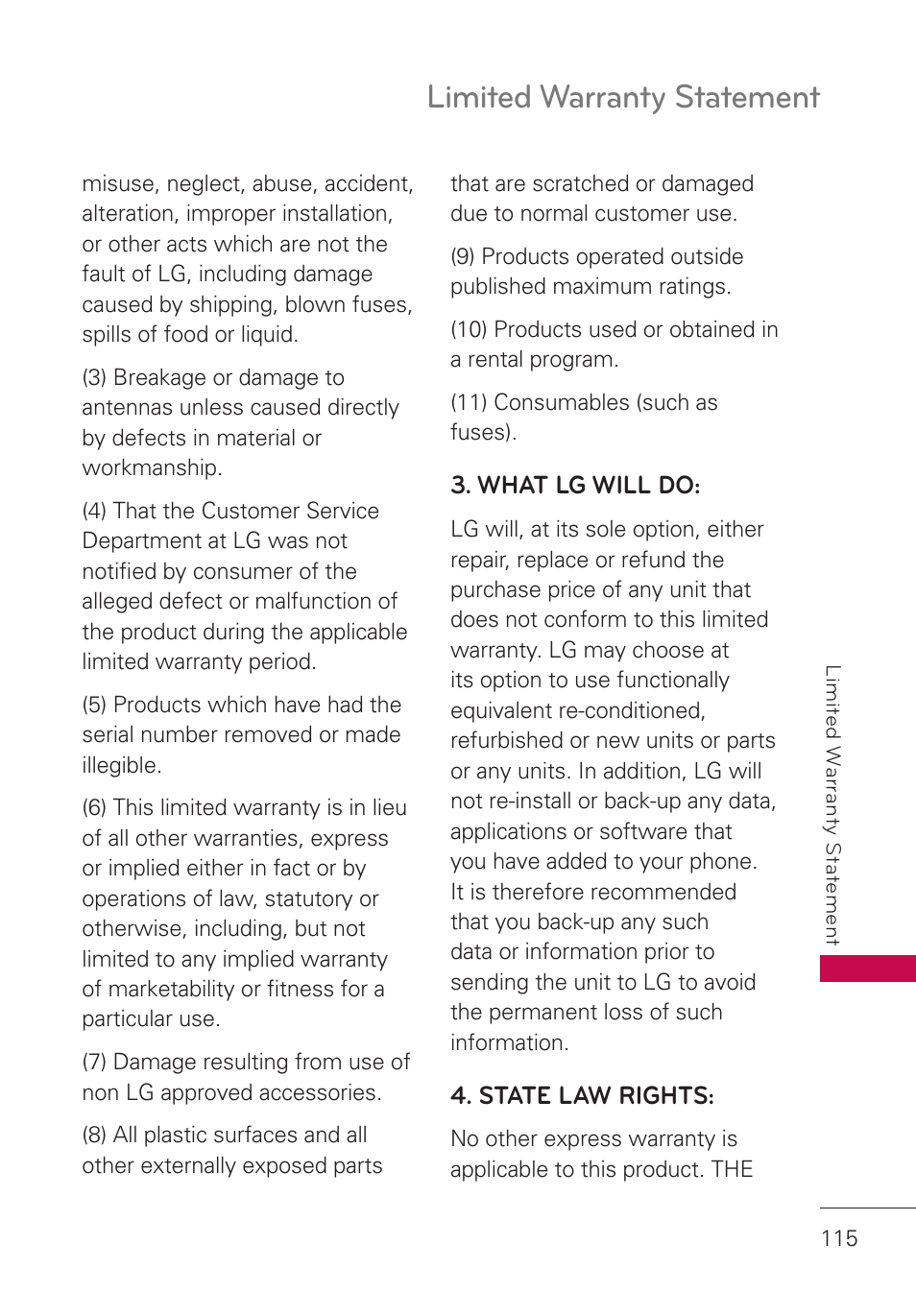 Limited warranty statement | LG UN280 User Manual | Page 117 / 128