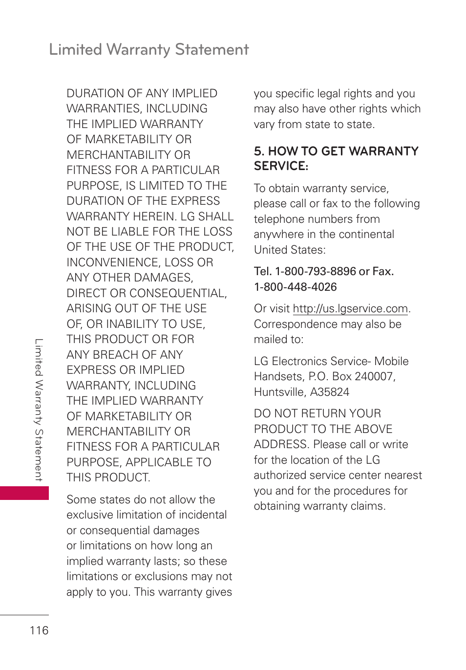 Limited warranty statement | LG UN280 User Manual | Page 118 / 128