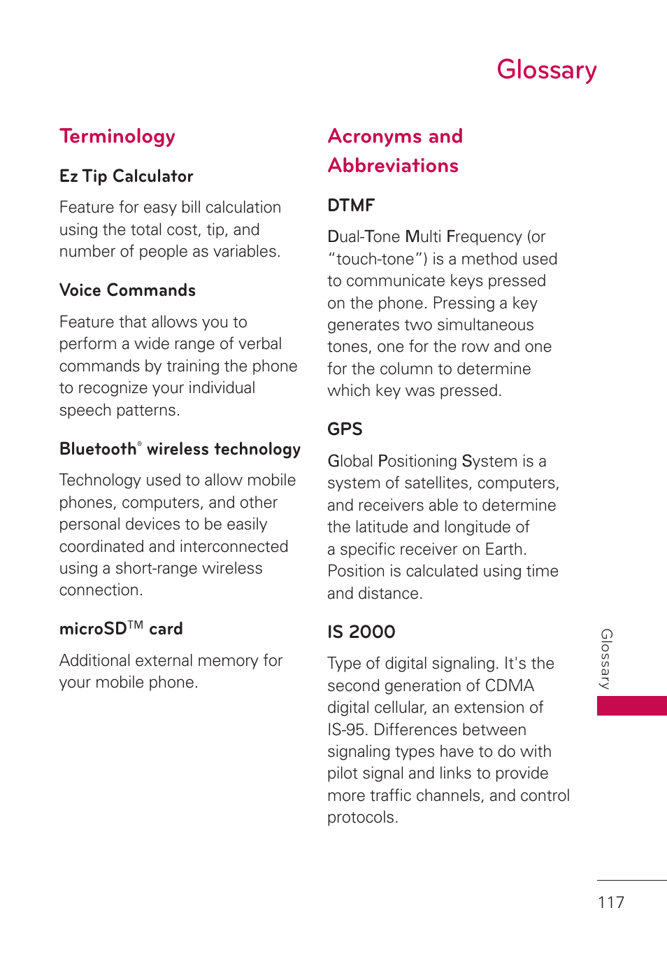 Glossary, Terminology, Acronyms and abbreviations | Glossary 117 | LG UN280 User Manual | Page 119 / 128