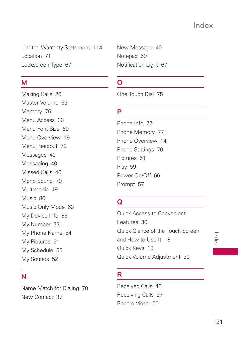 Index | LG UN280 User Manual | Page 123 / 128