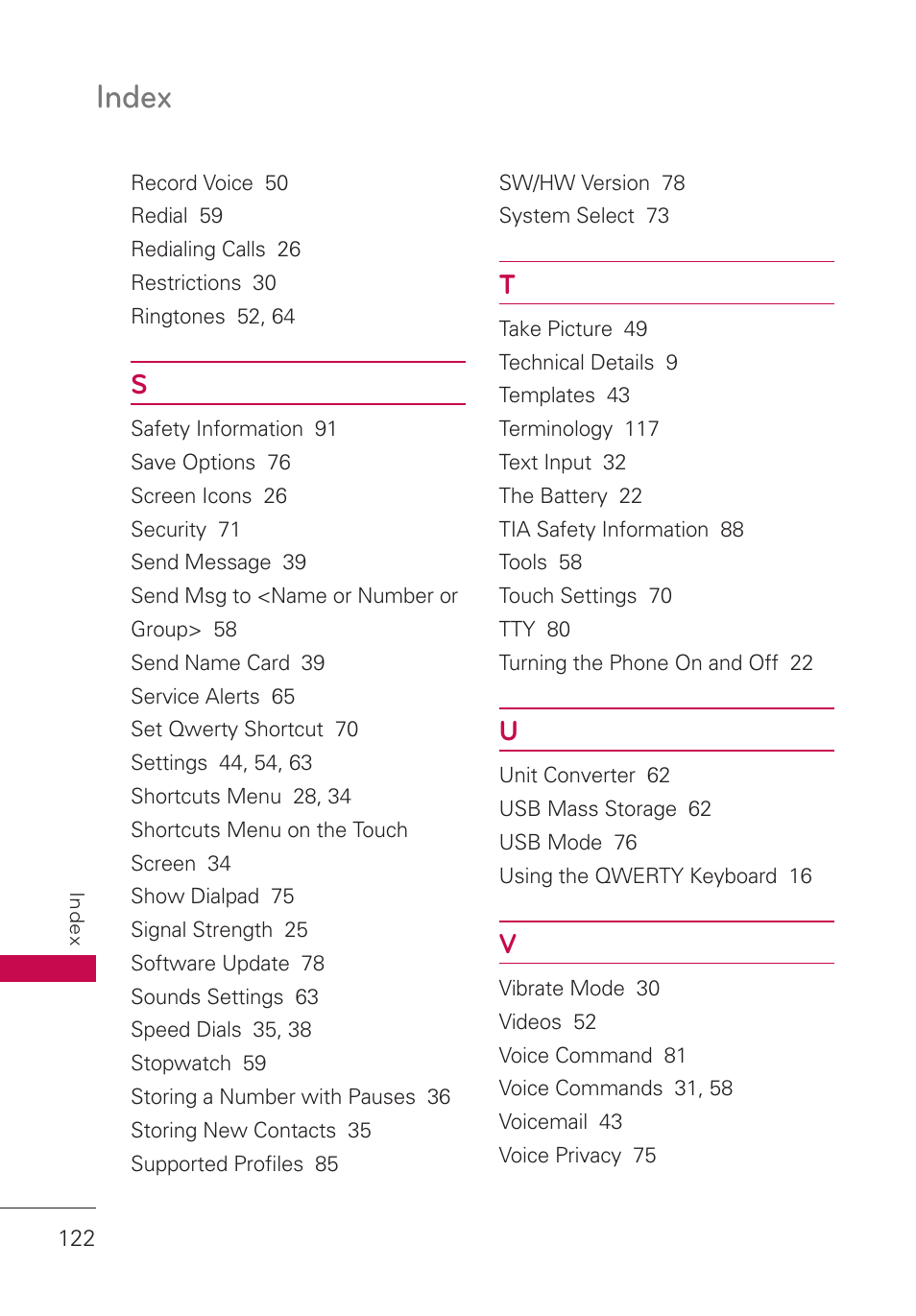 Index | LG UN280 User Manual | Page 124 / 128