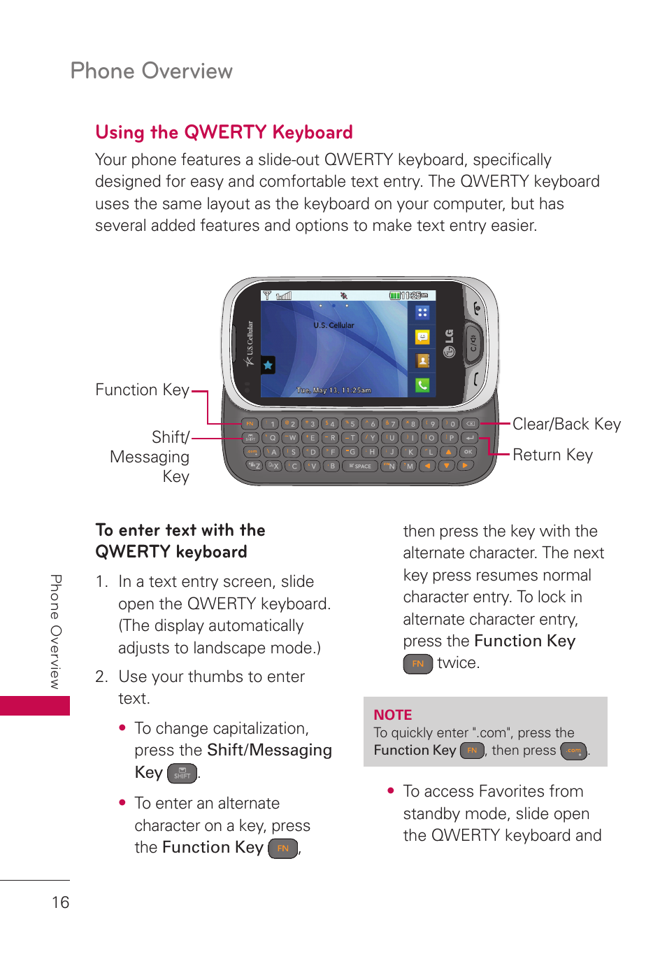 Using the qwerty keyboard, Phone overview | LG UN280 User Manual | Page 18 / 128