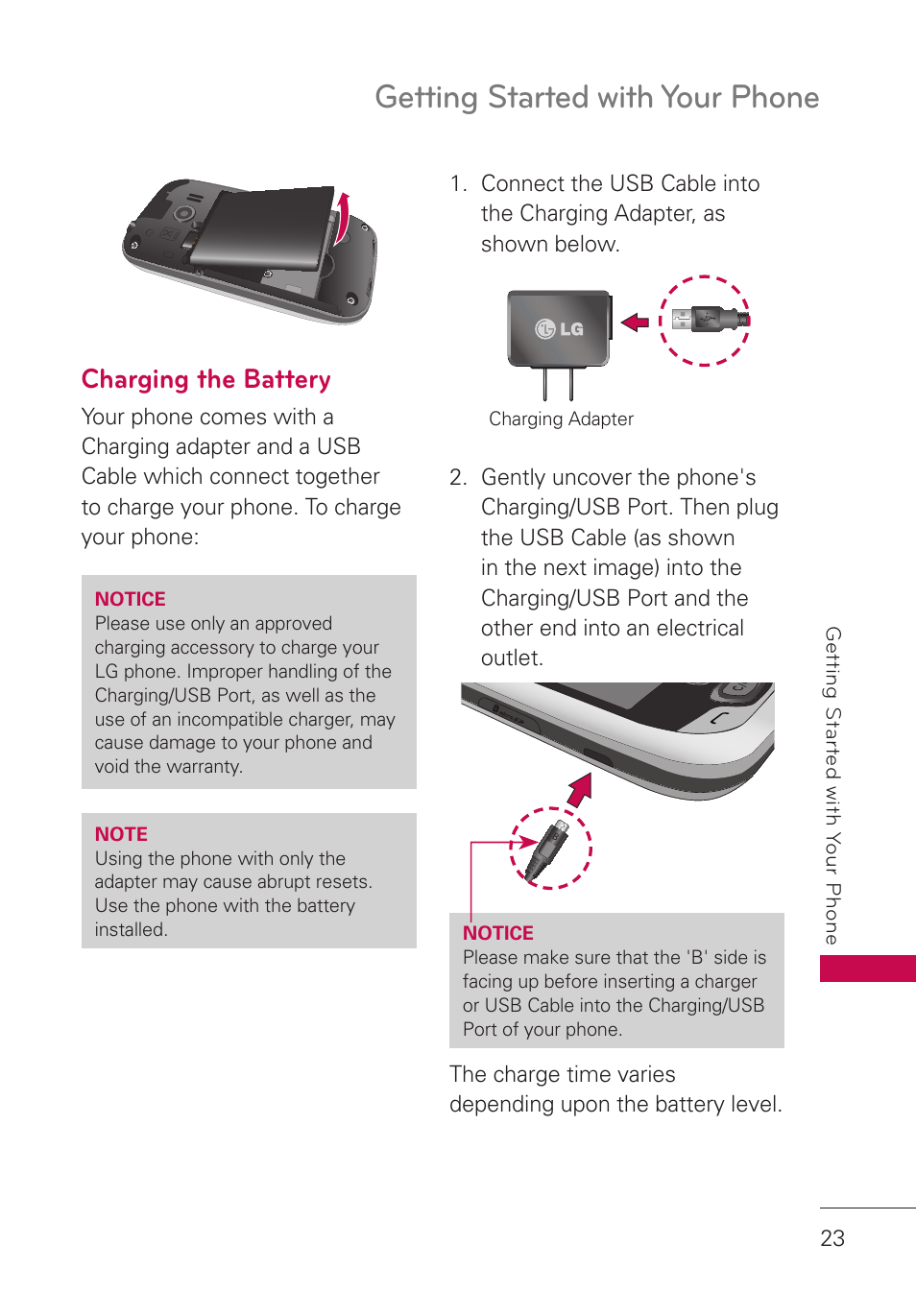 Charging the battery, Getting started with your phone | LG UN280 User Manual | Page 25 / 128