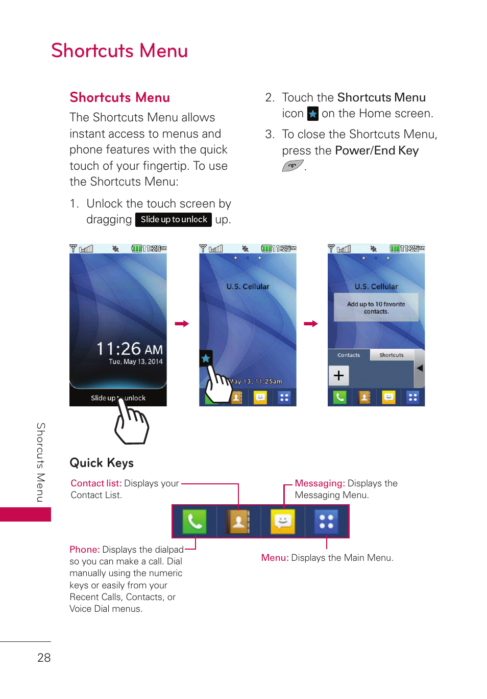Shortcuts menu, Quick keys | LG UN280 User Manual | Page 30 / 128
