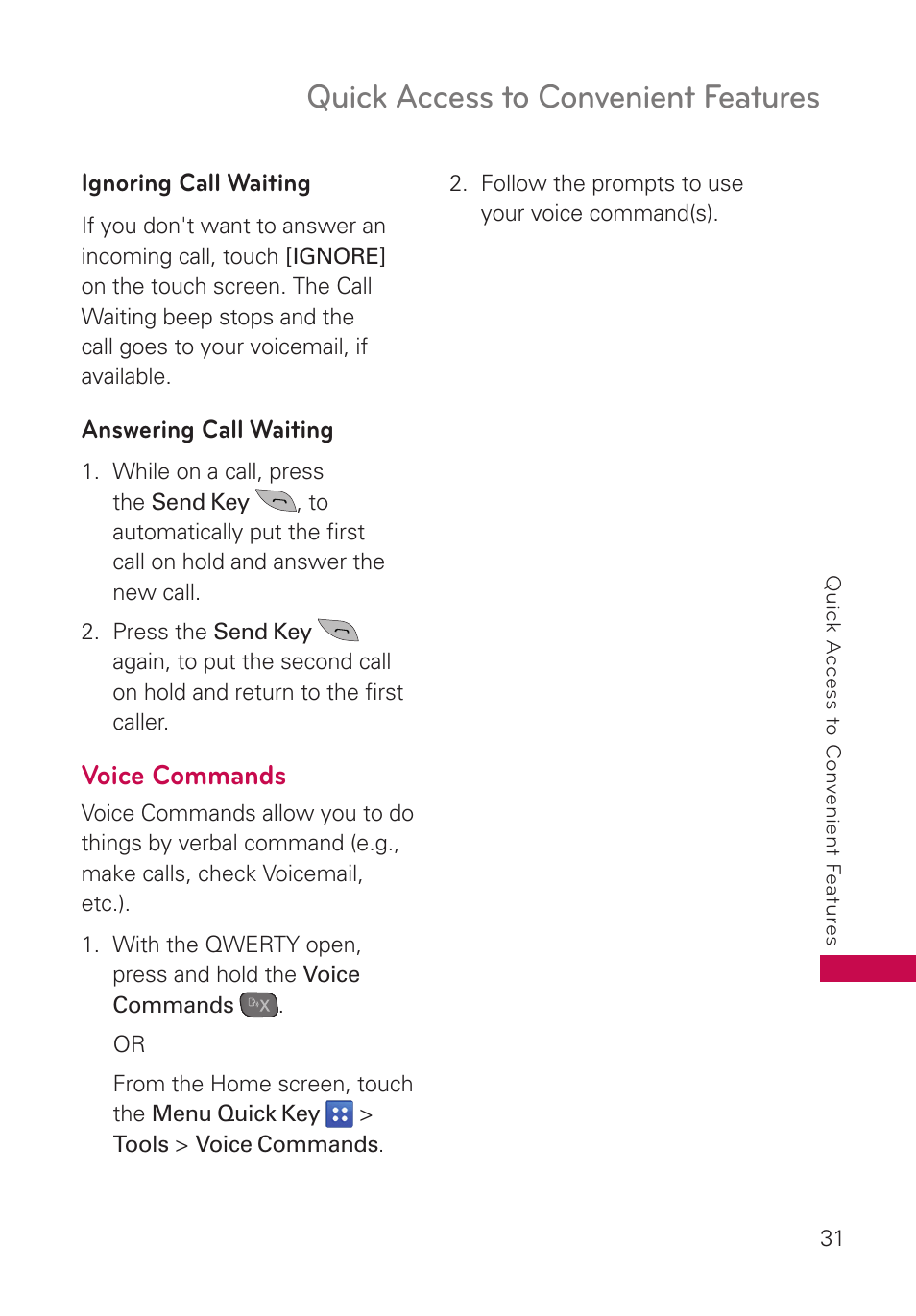 Voice commands, Quick access to convenient features | LG UN280 User Manual | Page 33 / 128