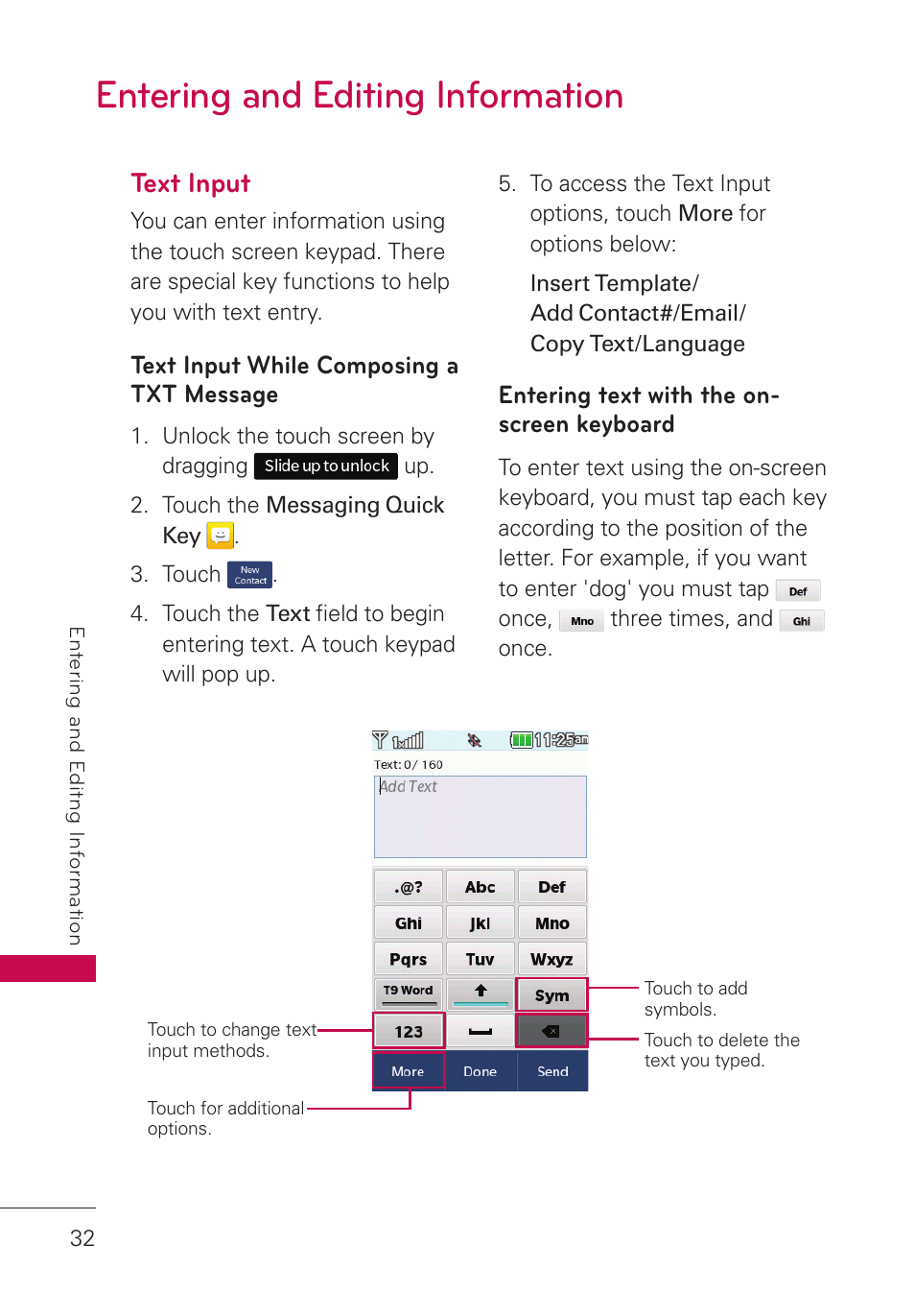 Entering and editing information, Text input, Entering and editing information 32 | LG UN280 User Manual | Page 34 / 128