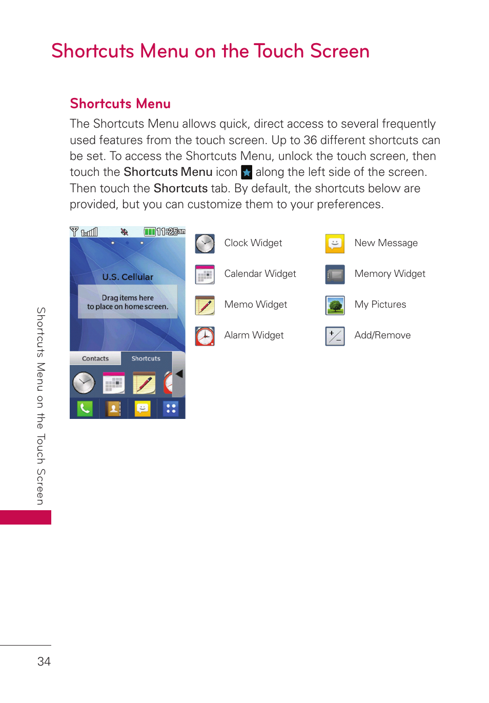 Shortcuts menu on the touch screen, Shortcuts menu, Shortcuts menu on the touch screen 34 | LG UN280 User Manual | Page 36 / 128