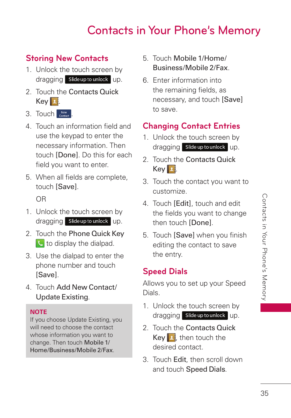 Contacts in your phone’s memory, Storing new contacts, Changing contact entries | Speed dials, Contacts in your phone’s memory 35 | LG UN280 User Manual | Page 37 / 128