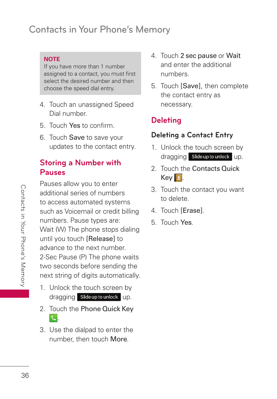 Storing a number with pauses, Deleting | LG UN280 User Manual | Page 38 / 128