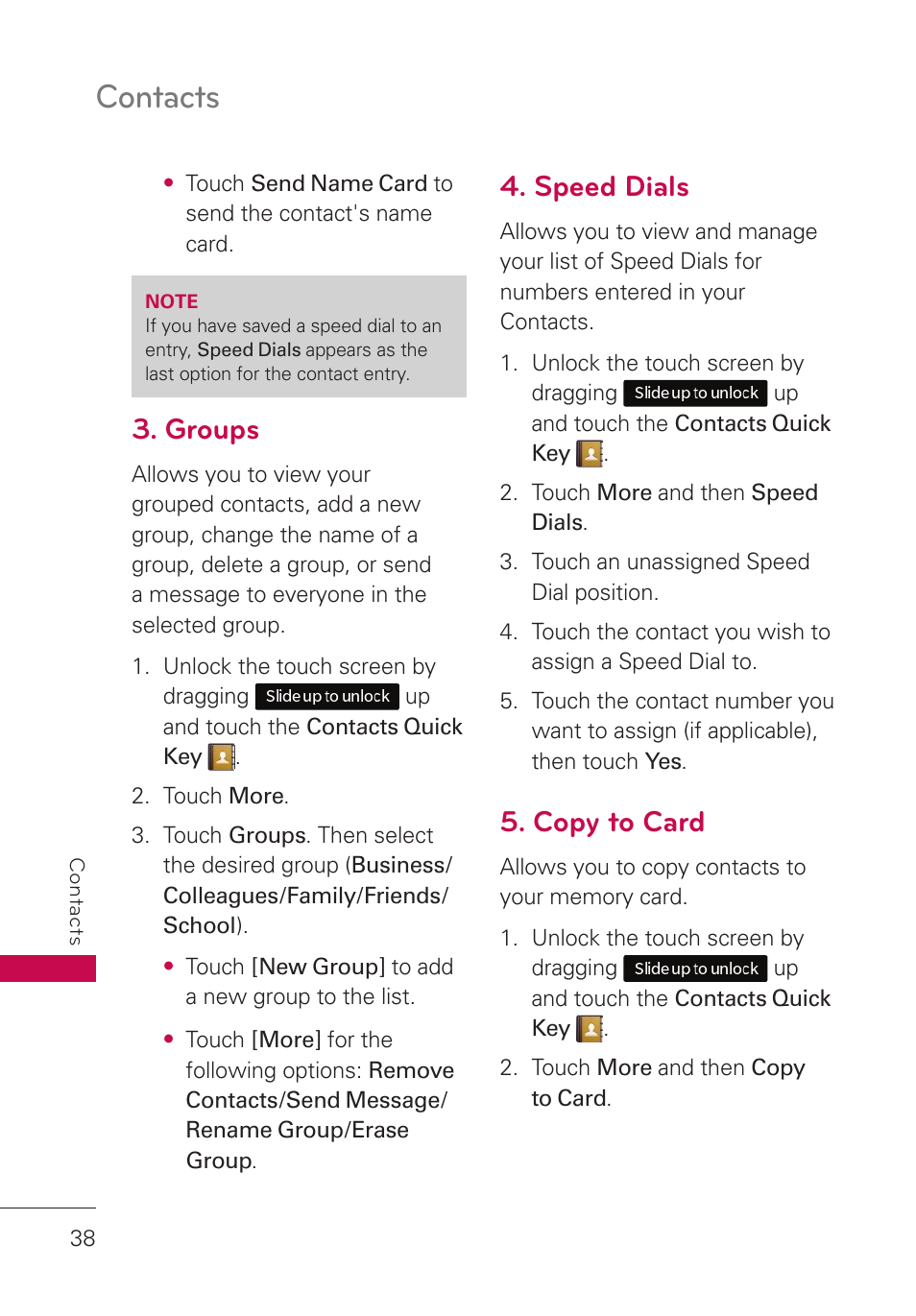 Groups, Speed dials, Copy to card | Contacts | LG UN280 User Manual | Page 40 / 128
