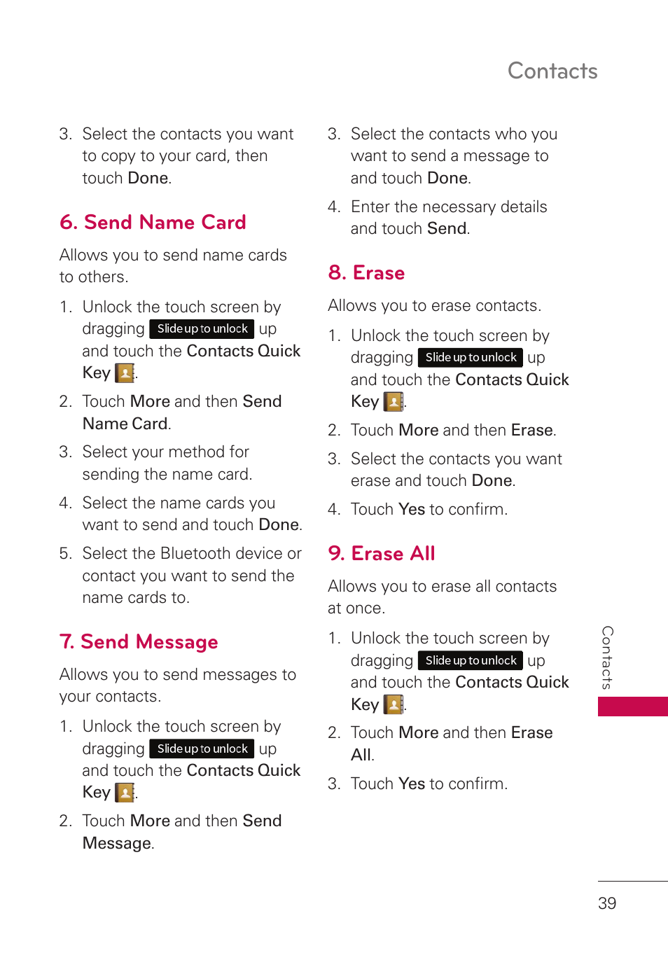 Send name card, Send message, Erase | Erase all, Contacts | LG UN280 User Manual | Page 41 / 128