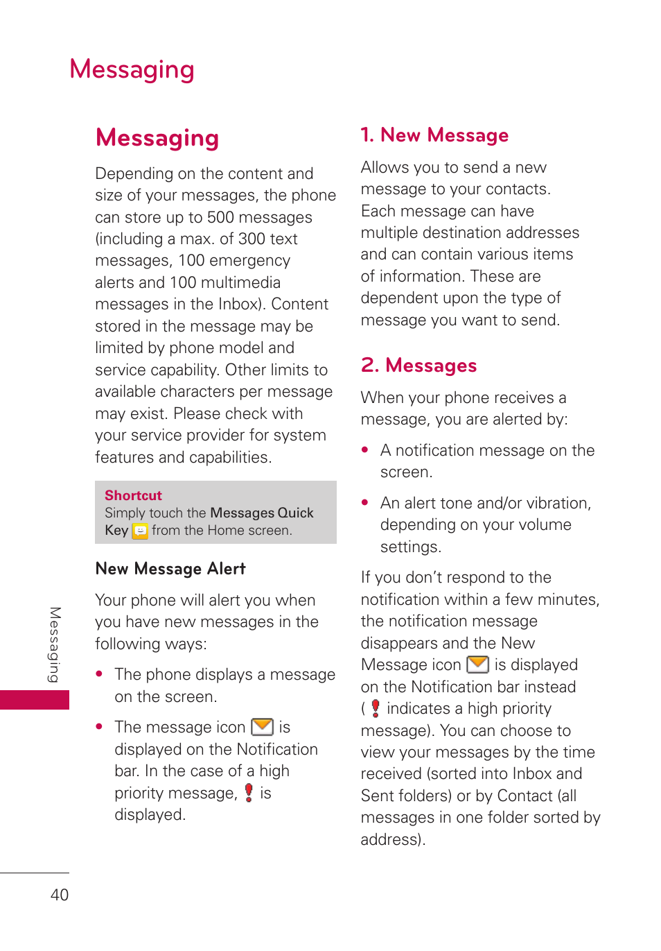 Messaging, New message, Messages | Messaging 40 | LG UN280 User Manual | Page 42 / 128