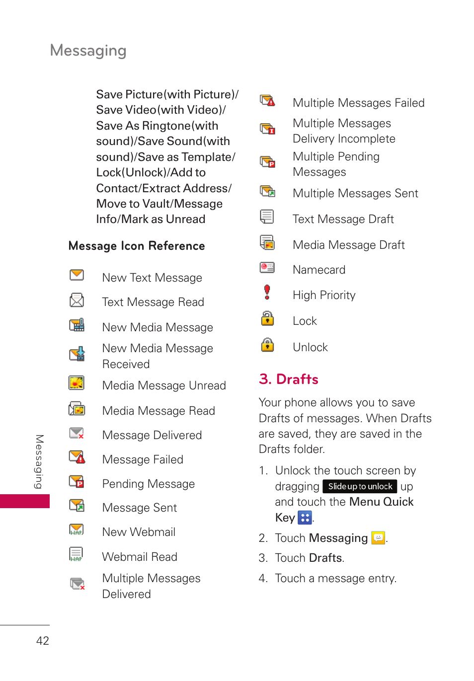 Drafts, Messaging | LG UN280 User Manual | Page 44 / 128