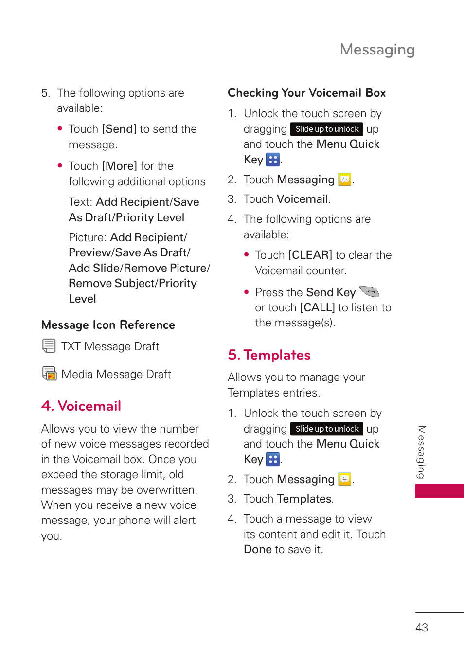 Voicemail, Templates, Messaging | LG UN280 User Manual | Page 45 / 128