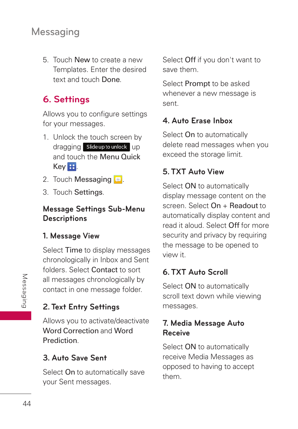 Settings, Messaging | LG UN280 User Manual | Page 46 / 128