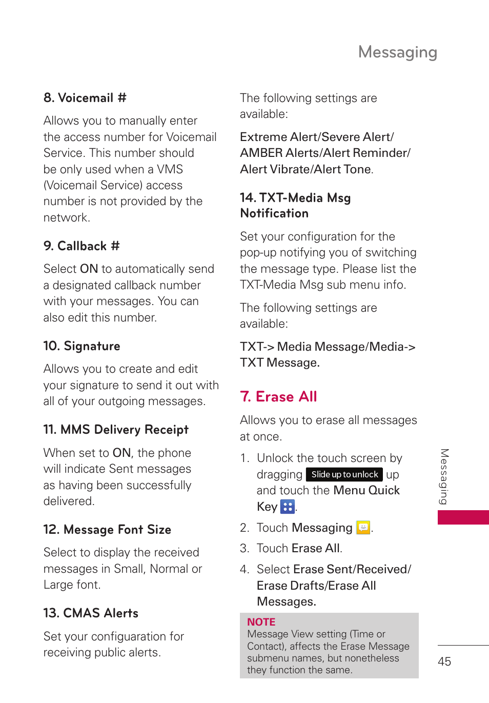 Erase all, Messaging | LG UN280 User Manual | Page 47 / 128