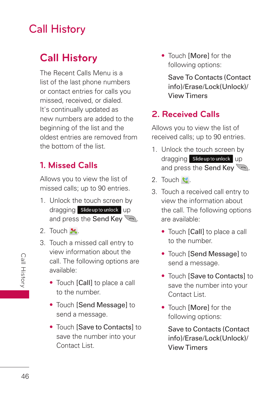 Call history, Missed calls, Received calls | LG UN280 User Manual | Page 48 / 128